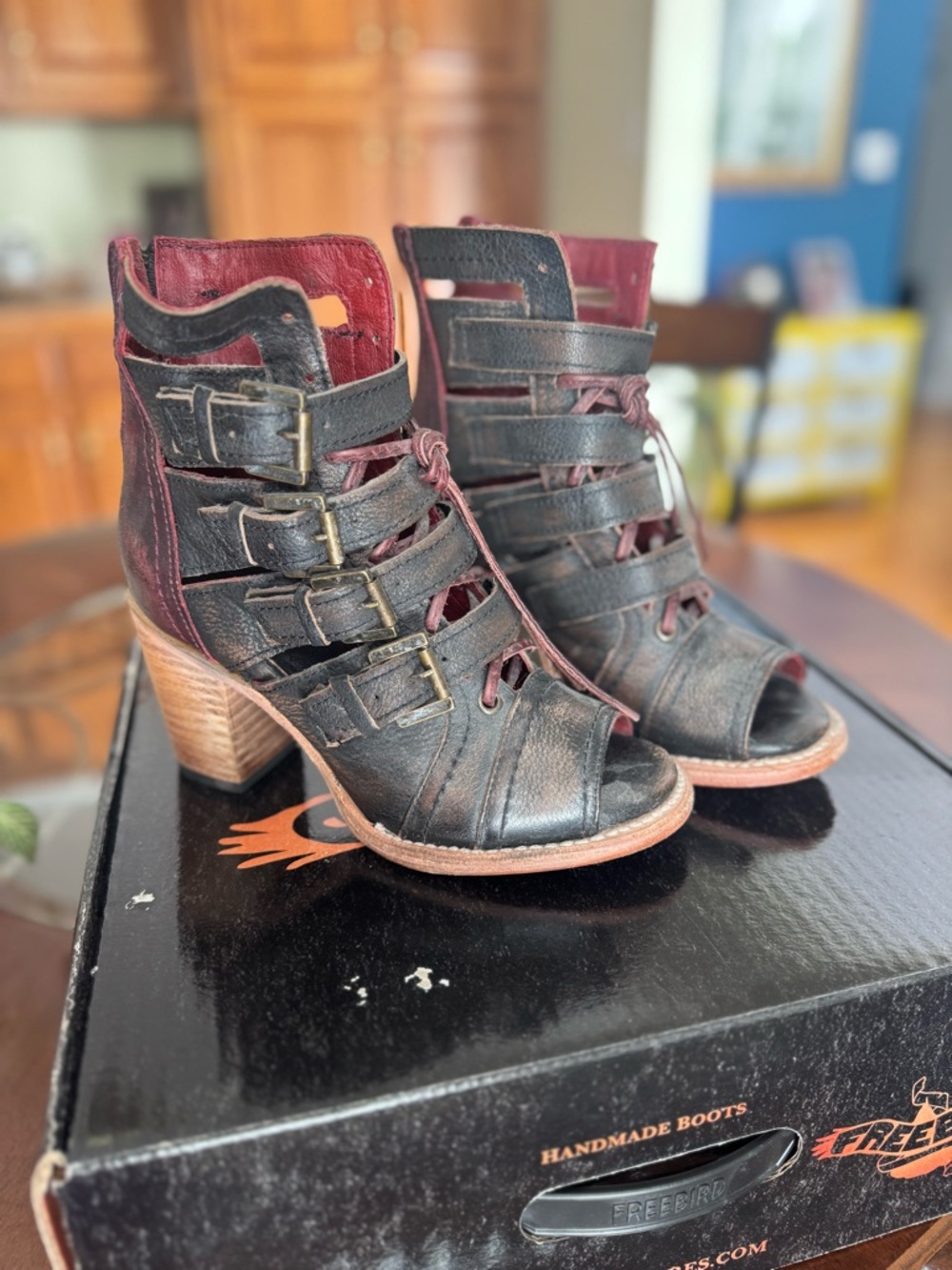 Freebird by Steven Black with Burgundy Strappy Peep-Toe Heeled Booties